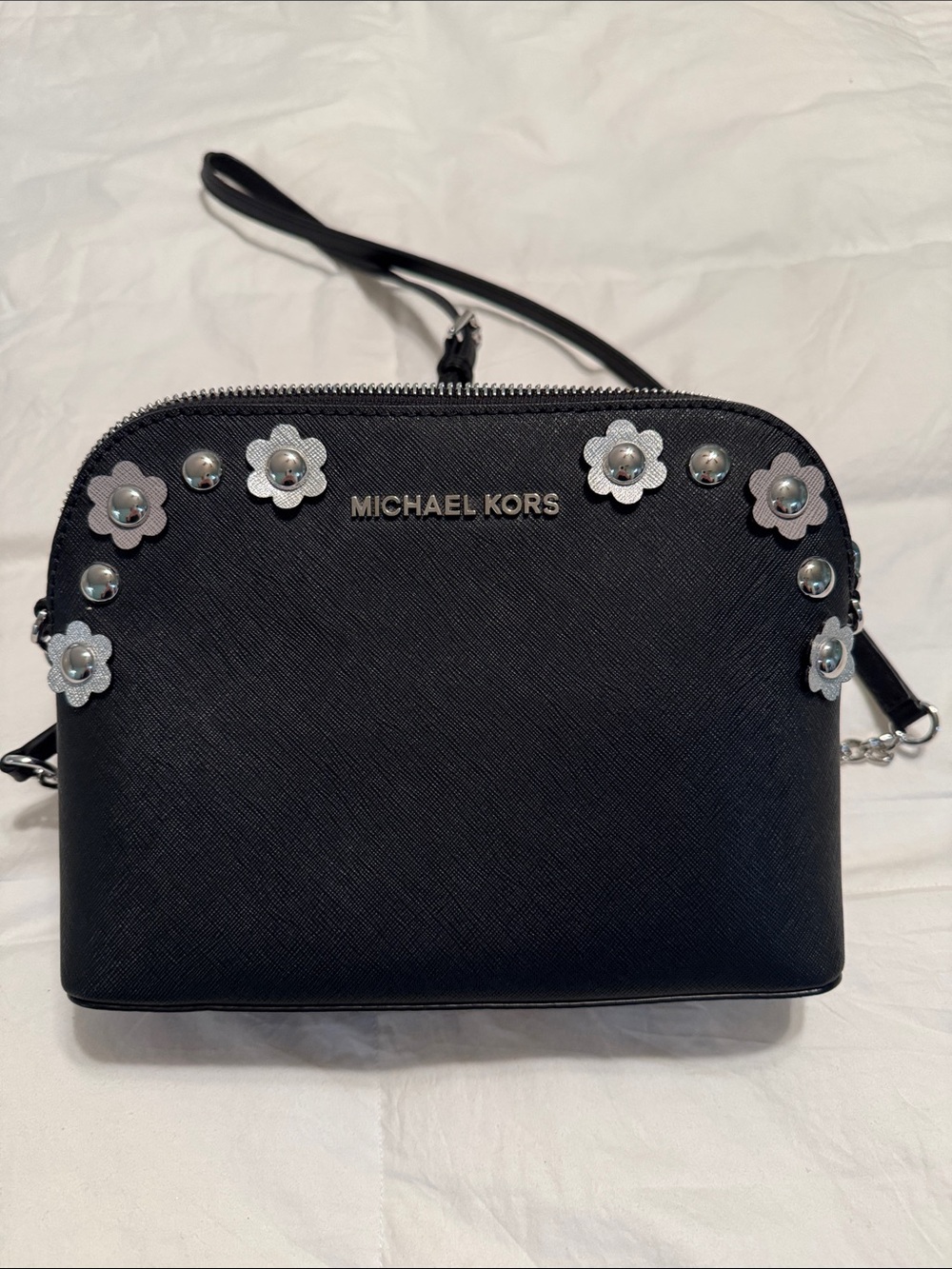 Michael Kors Black Crossbody with Silver Floral Stud Accents